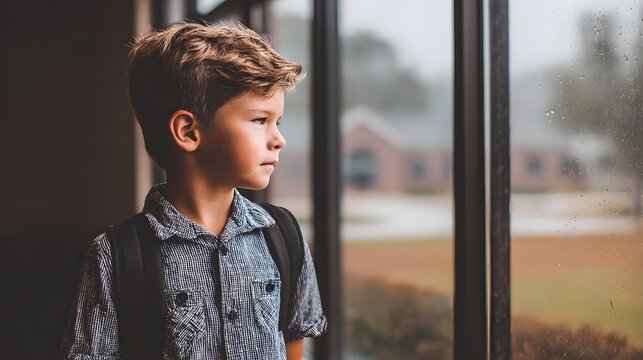 out classroom window with distant expression and soft overcast daylight