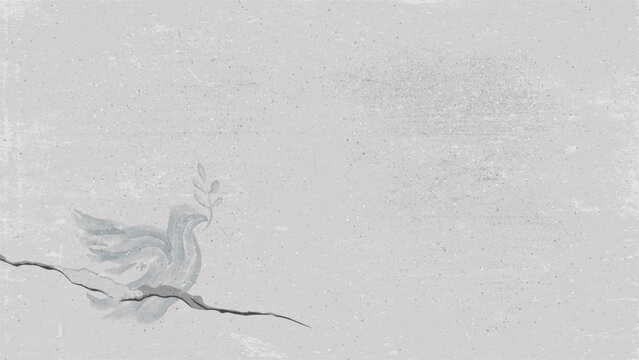 Abstract peace dove with olive branch brushstrokes childish style painted on old cement wall grain texture background have blank space.
