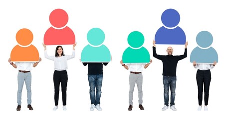 Obraz premium Diverse team holding colorful icons element set