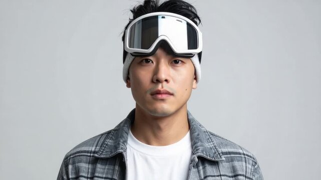 Young Asian man with ski goggles on forehead, wearing beanie and plaid shirt