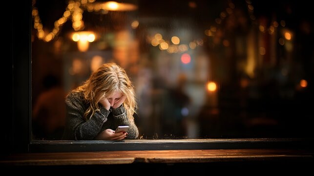 at phone with disappointed expression in soft indoor lighting