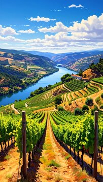 A serene vineyard landscape with a winding river