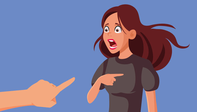 Hand Pointing to a Girl feeling Not Guilty Vector Illustration. Innocent person being blamed as the scapegoat but having no responsibility in the matter
