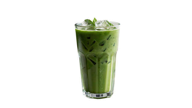 Refreshing cold drink made with green ingredients served in a tall glass with ice isolated on transparent background cut out
