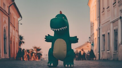 Obraz premium inflatable dinosaur costume walking confidently through city street