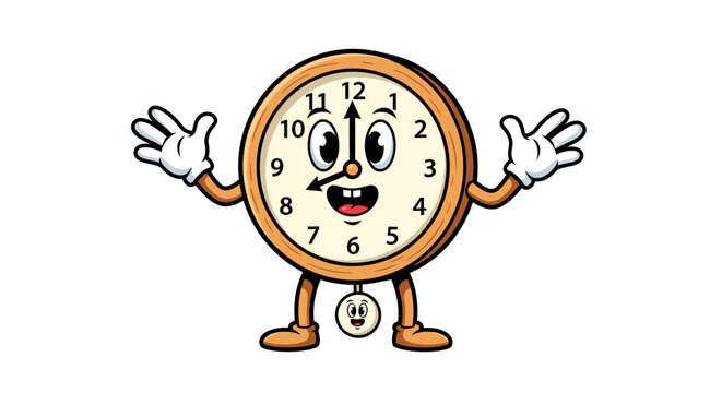 Cartoon clock character with smiling face and open arms on white background