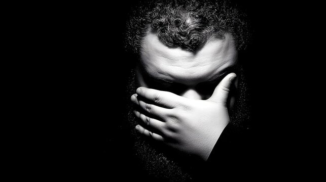 of man with shadow covering half of his face in low key lighting studio
