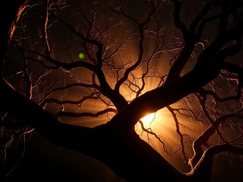 Ancient tree limbs twist, catching scarce light in a nocturnal embrace,  evocative, christmas