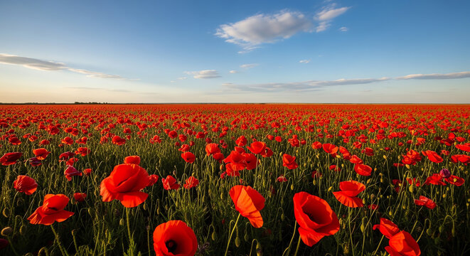 Vibrant red poppies bloom in a vast field under a serene blue sky with scattered clouds.
