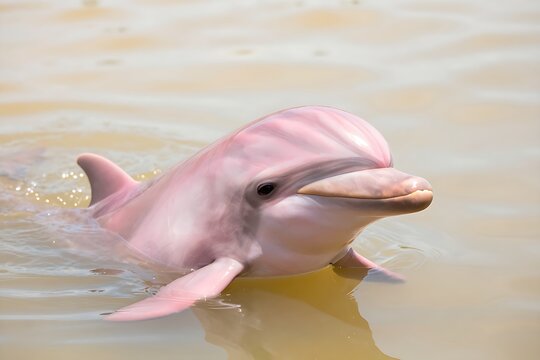 Pink Amazon river dolphin surfacing in murky tropical water