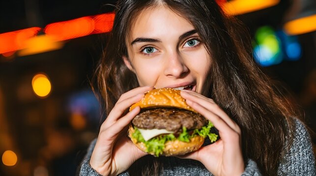 to eat giant burger almost bigger than her face in colorful diner setting