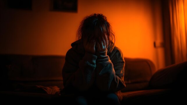 face with hands while sitting on couch in low warm lighting