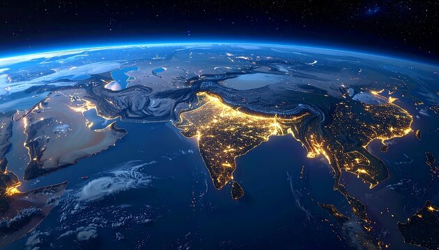 Glowing view of Earth from space, focusing on lit cities in India & Asia, against dark sky and planet surface