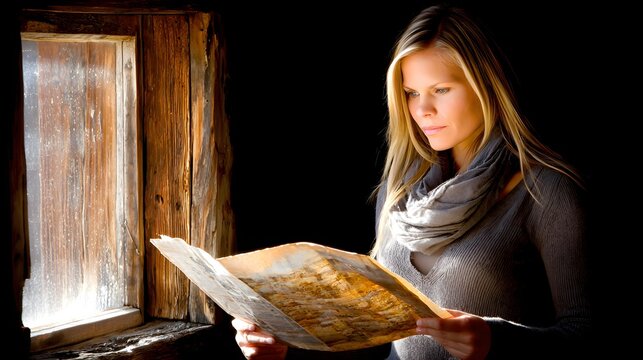 reading old letter by window with subtle tearful expression