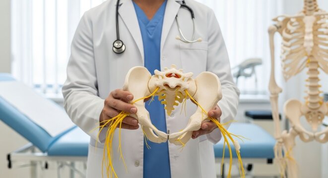 Medical professional holding a human pelvis bone, anatomical study in clinic setting.