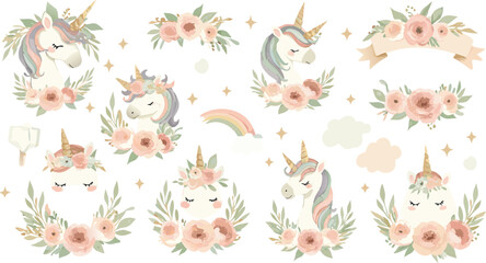 Obraz premium Whimsical watercolor unicorn illustrations with floral wreaths and pastel flowers on white background