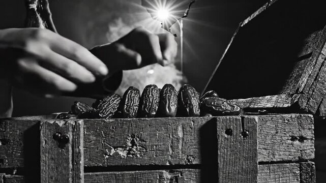 Black and white close up of hands placing dates on a wooden box with dramatic lighting and smoke