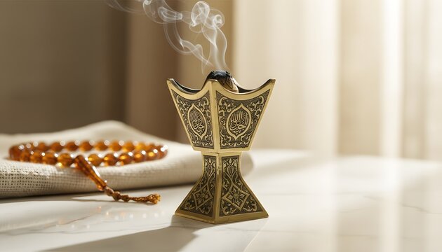 Traditional golden mabkhara burning incense on white marble for Mawlid al-Nabi celebration concept, spiritual islamic atmosphere with prayer beads and soft warm lighting