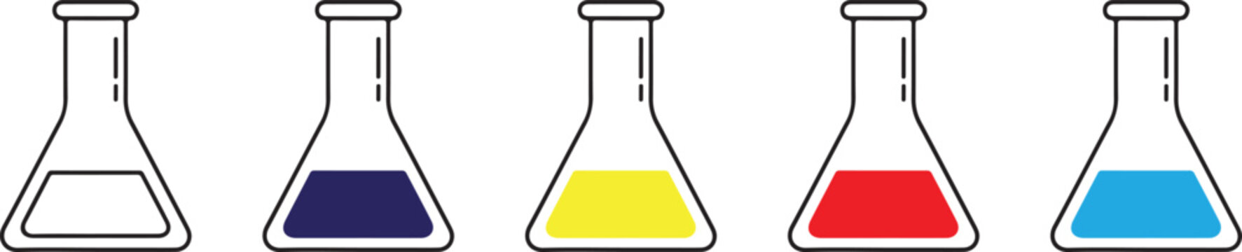 Set of conical flasks with colorful liquids, including empty, dark blue, yellow, red, and light blue.