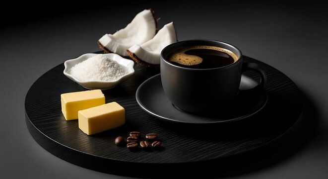A black mug of coffee sits on a black saucer alongside ingredients for bulletproof coffee, including coconut pieces, shredded coconut, and butter.