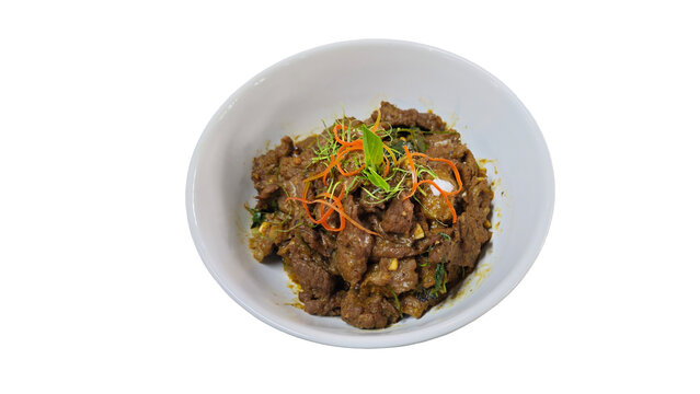 Authentic Southern Thai dry meat curry (Kua Kling Neua) isolated on white background.&nbsp;