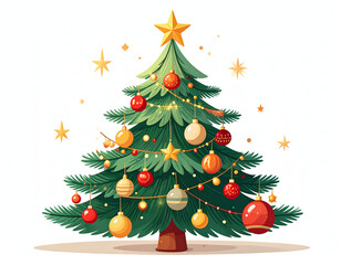 Fototapeta premium A decorated Christmas tree with colorful ornaments, twinkling lights, and a star on top, set against a clean white background, conveying a festive and joyful holiday mood