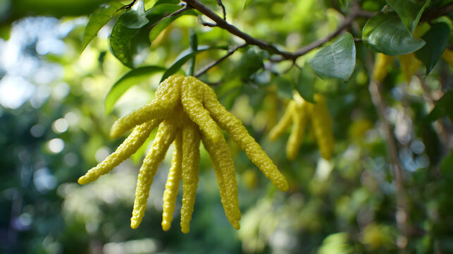 Fingered citron fruit hanging from branch with glossy leaves in garden sunlight, bright yellow citrus with textured elongated lobes