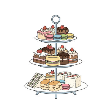 Tiered serving dish with assorted sweet pastries and desserts on a plain surface