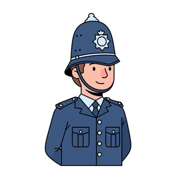 Cartoon police officer wearing blue uniform and helmet with badge
