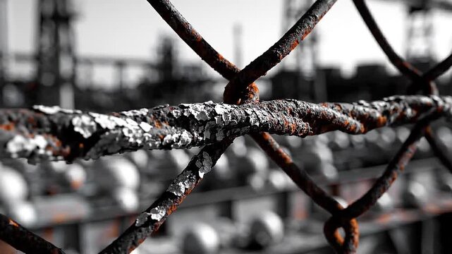 Rusty Chain Link Fence Macro Standing Against Blurred Industrial Shipyard - Urban Decay and Abandonment Concept