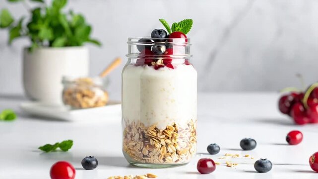 Delicious yogurt parfait with granola and fresh berries for a healthy breakfast