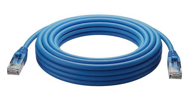 A blue ethernet cable with rj45 connectors coiled in a neat loop, ready for network connection isolated on transparent background