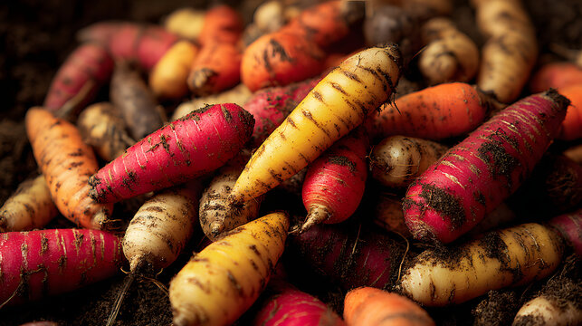 Freshly dug oca tuber assortment in soil showing multicolor pink yellow orange and cream roots with dirt and texture