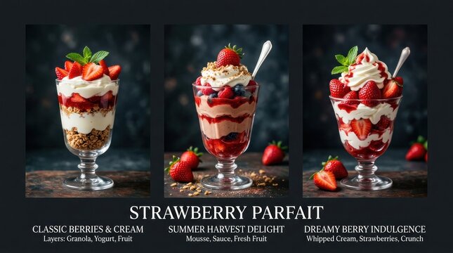 Delicious Strawberry Parfaits with Whipped Cream and Fresh Berries.