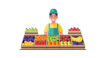 Smiling fruit vendor illustration, a cheerful character in a flat vector design, stands behind a stall filled with colorful fruits, creating a vibrant and inviting scene on a clean white © suyadi