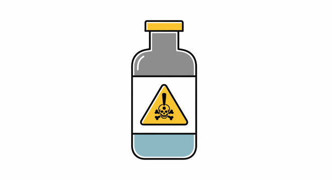 A cartoon illustration of a toxic bottle with a warning label
