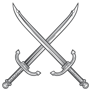 Stylized crossed scimitars with curved blades and decorative hilts, vector illustration for heraldry or gaming