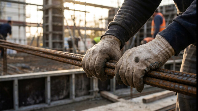 Construction Worker Hands Gripping Steel Rebar for Building Foundation