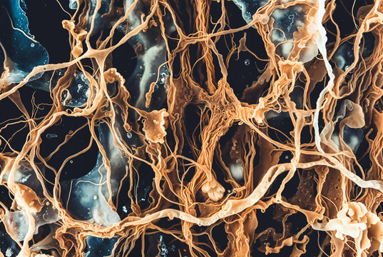Generated artificial illustration of fungi in microscopic perspective.