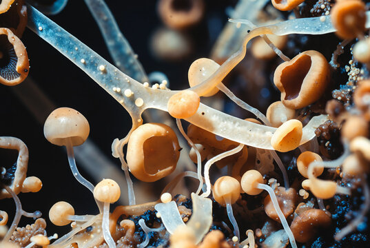 Generated artificial illustration of fungi in microscopic perspective.