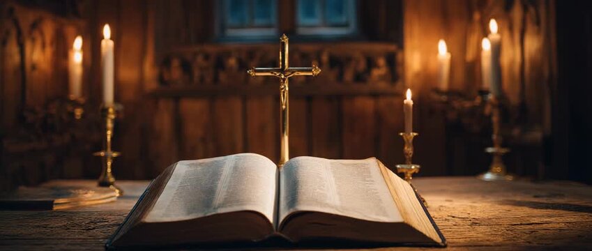 Bible rests beside a wooden cross on a rustic table illuminated by glowing candles inside a dimly lit church.