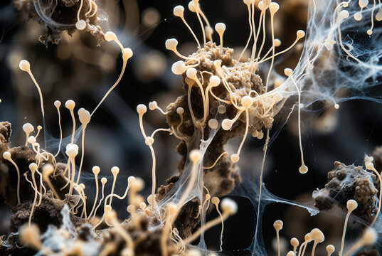 Generated artificial illustration of fungi in microscopic perspective.