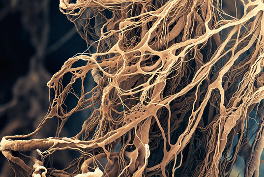 Generated artificial illustration of fungi in microscopic perspective.