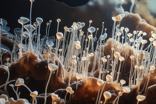 Generated artificial illustration of fungi in microscopic perspective.