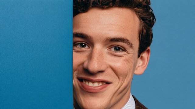 Close portrait of smiling man against blue background capturing friendly expression modern identity and clean visual composition with bright light and positive mood