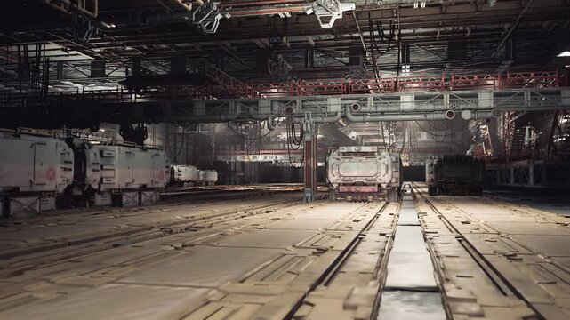 Wide transit corridor with overhead girders and parallel tracks, soft ambient light casting long shadows, industrial plates and rivets, cinematic depth
