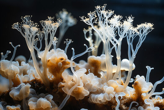 Generated artificial illustration of fungi in microscopic perspective.