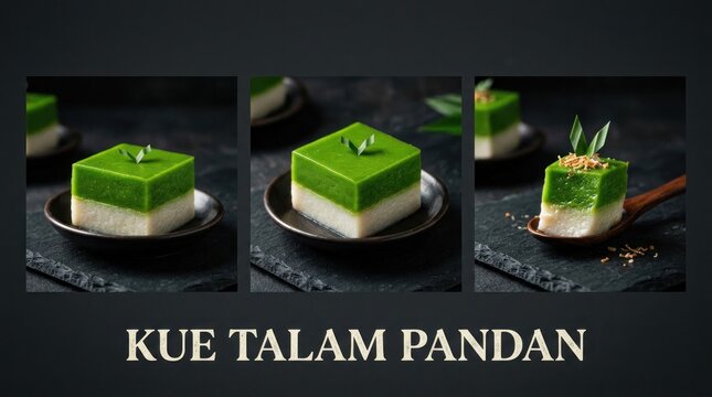Delicious Kue Talam Pandan Dessert on Dark Background.