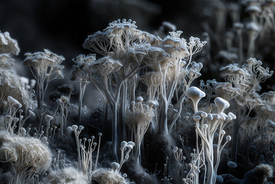 Generated artificial illustration of fungi in microscopic perspective.