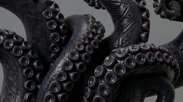 Detailed black octopus surface texture capturing marine life organic structure and intricate natural pattern with dramatic lighting and dark artistic composition
